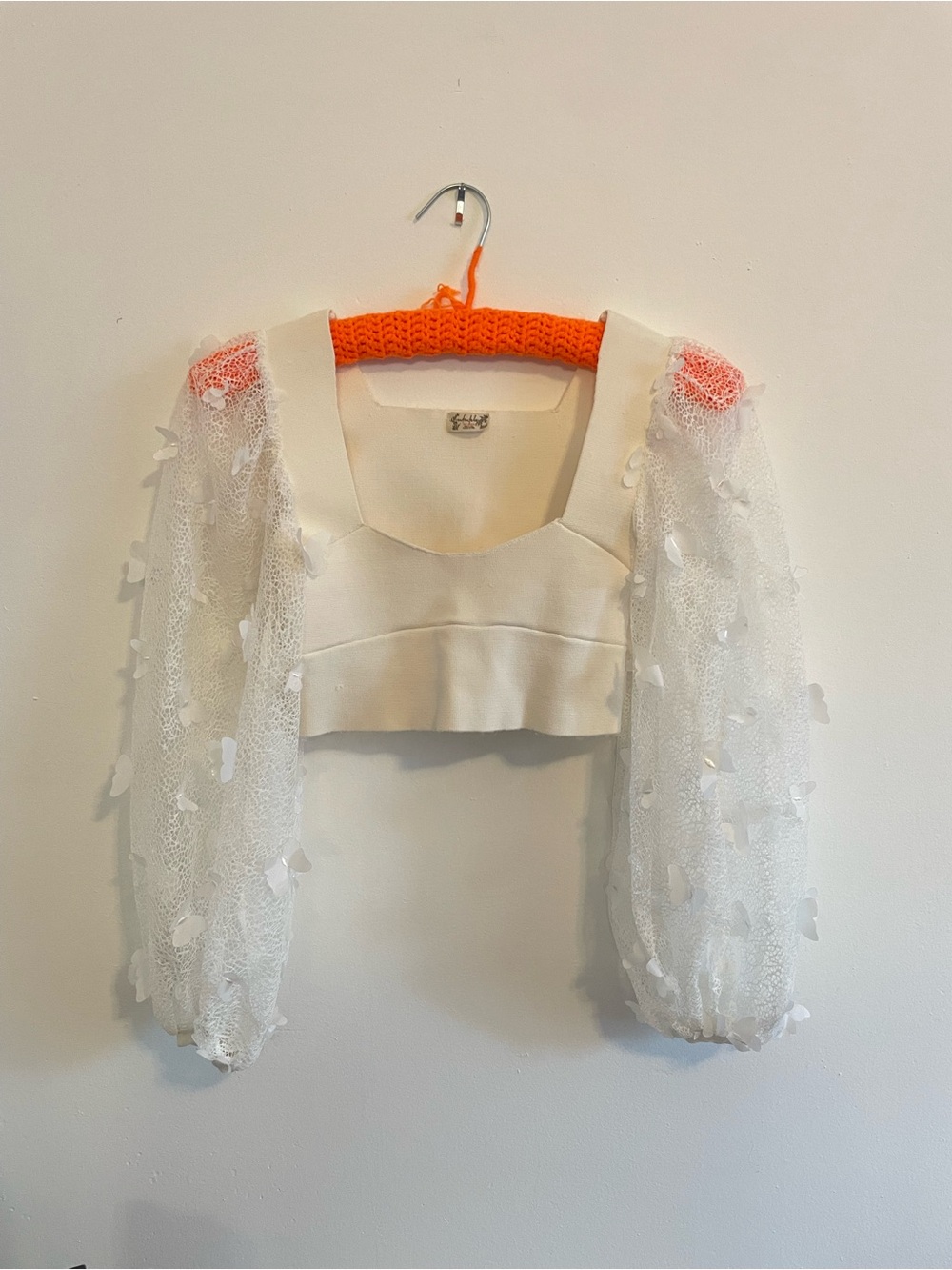Free People Ivory Square-Neck Sheer Puff-Sleeve Crop Top